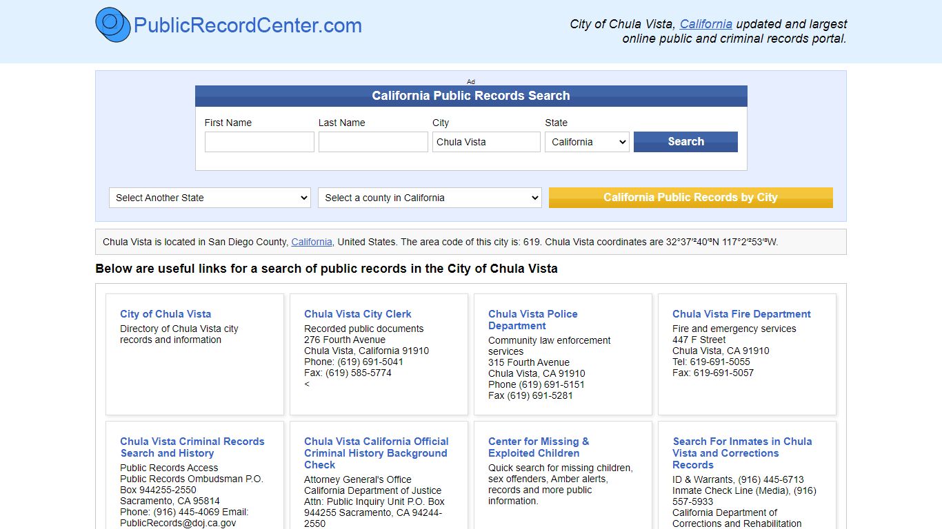 Chula Vista, California Public Records and Criminal Background Check